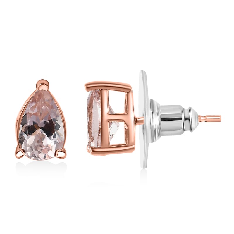 D'Joy Premium Pink Morganite 1.80 ctw Solitaire Stud Earrings in 18K Vermeil Rose Gold Sterling Silver