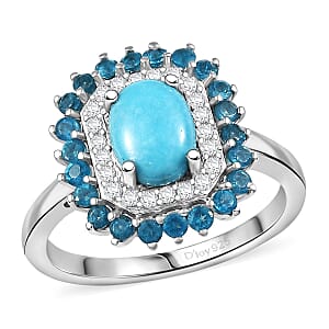 D'Joy Premium Sleeping Beauty Turquoise and Multi Gemstone 1.90 ctw Ring in Rhodium Over Sterling Silver (Size 5.0)