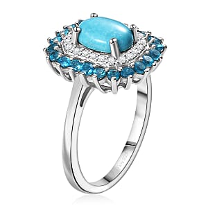 D'Joy Premium Sleeping Beauty Turquoise and Multi Gemstone 1.90 ctw Ring in Rhodium Over Sterling Silver (Size 5.0)