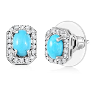 D'Joy Premium Sleeping Beauty Turquoise and White Zircon 1.35 ctw Stud Earrings in Rhodium Over Sterling Silver
