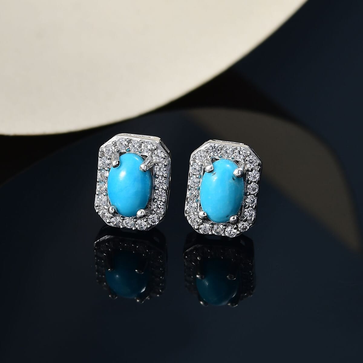 D'Joy Premium Sleeping Beauty Turquoise and White Zircon 1.35 ctw Stud Earrings in Rhodium Over Sterling Silver image number 1