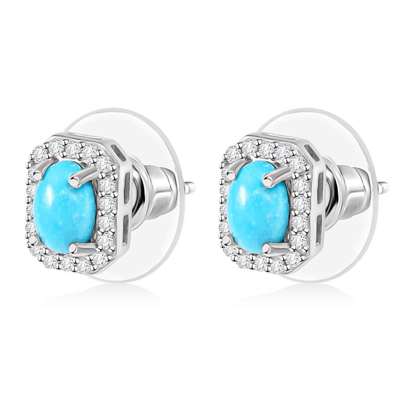 D'Joy Premium Sleeping Beauty Turquoise and White Zircon 1.35 ctw Stud Earrings in Rhodium Over Sterling Silver