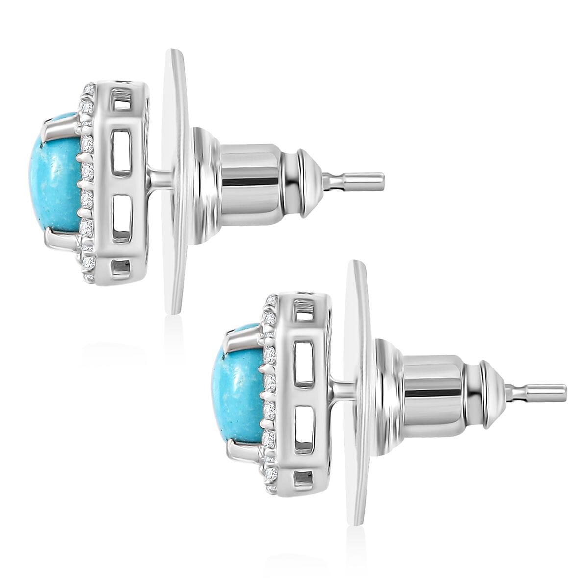 D'Joy Premium Sleeping Beauty Turquoise and White Zircon 1.35 ctw Stud Earrings in Rhodium Over Sterling Silver image number 4