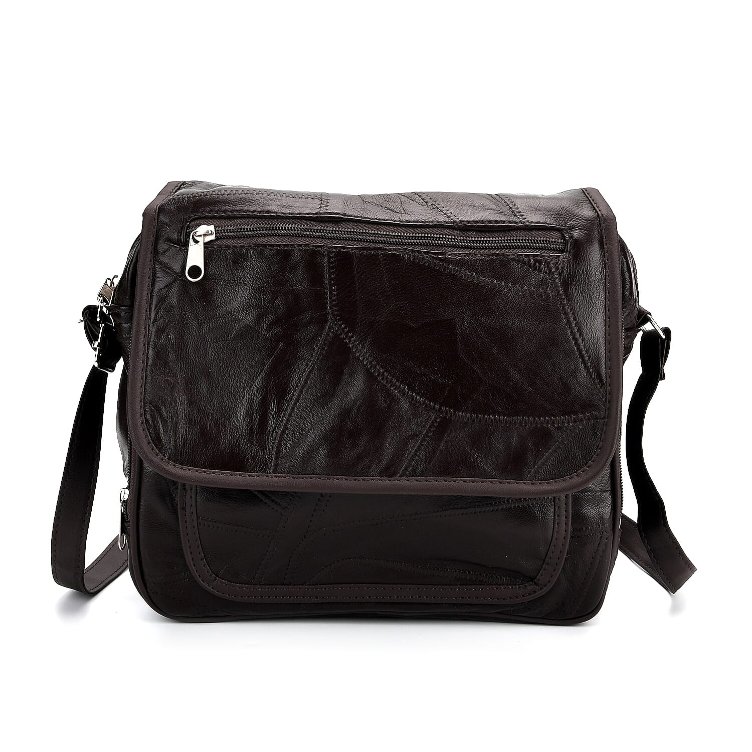 Black Patchwork Sheep Leather Crossbody Bag with Adjustable Shoulder Strap