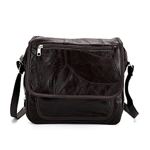 Black Patchwork Sheep Leather Crossbody Bag with Adjustable Shoulder Strap