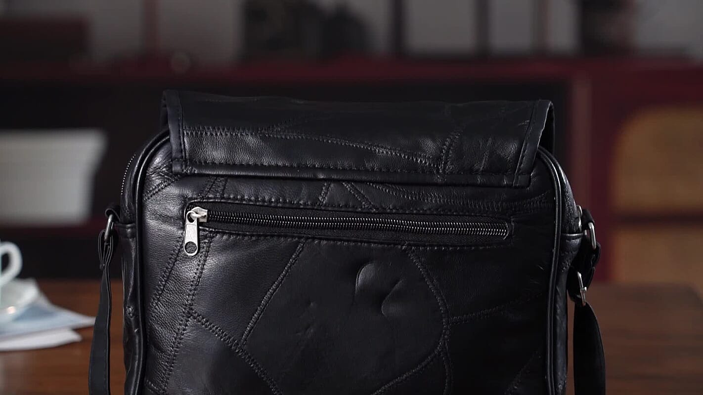 Black Patchwork Sheep Leather Crossbody Bag (9.8"x9.8"x3.5") with Adjustable Shoulder Strap