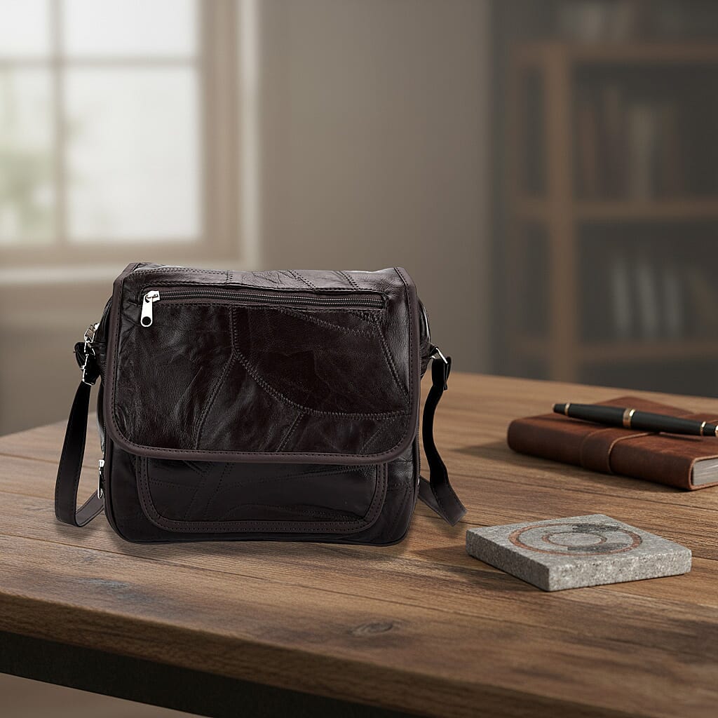 Black Patchwork Sheep Leather Crossbody Bag with Adjustable Shoulder Strap