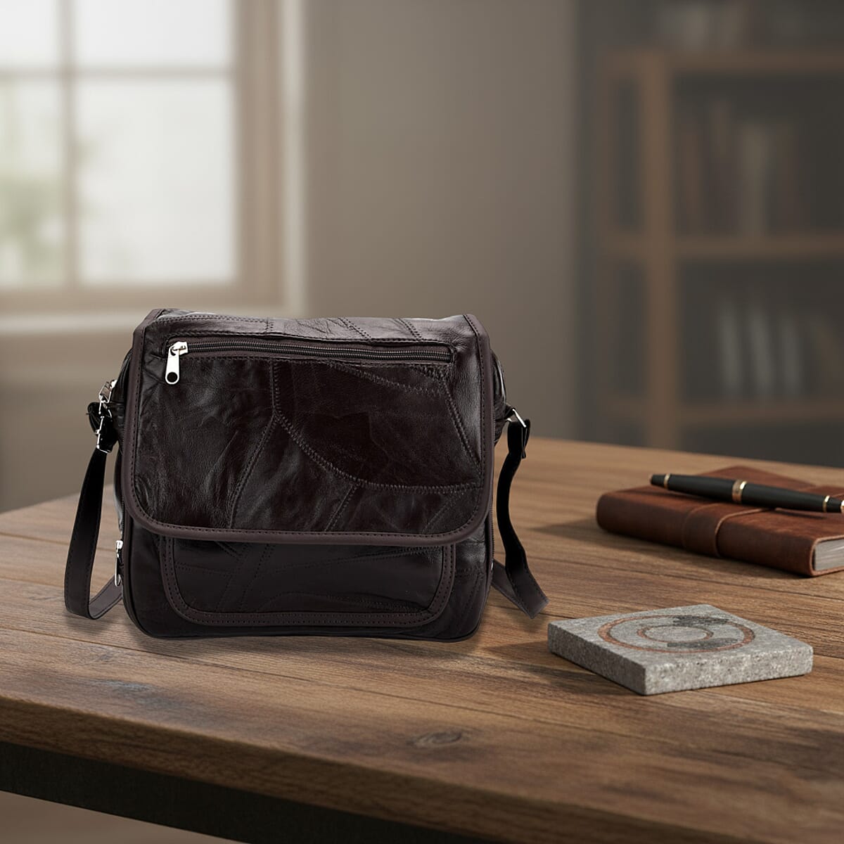 Black Patchwork Sheep Leather Crossbody Bag (9.8"x9.8"x3.5") with Adjustable Shoulder Strap image number 1