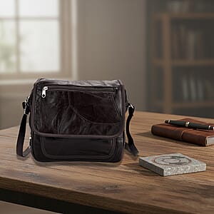 Black Patchwork Sheep Leather Crossbody Bag with Adjustable Shoulder Strap