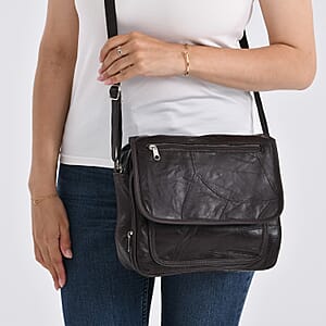 Black Patchwork Sheep Leather Crossbody Bag with Adjustable Shoulder Strap