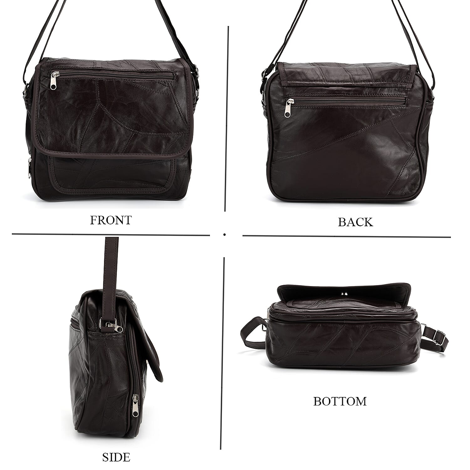 Black Patchwork Sheep Leather Crossbody Bag with Adjustable Shoulder Strap