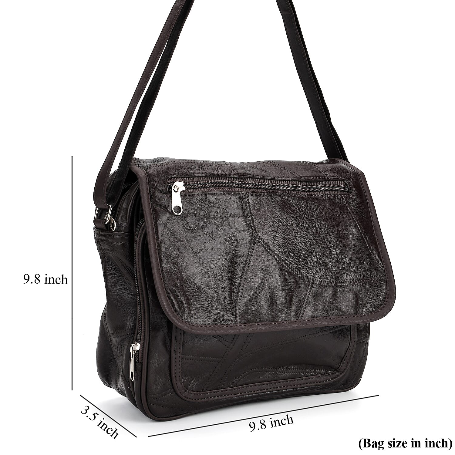 Black Patchwork Sheep Leather Crossbody Bag with Adjustable Shoulder Strap