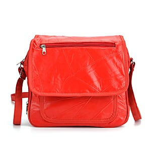 Red Patchwork Sheep Leather Crossbody Bag with Adjustable Shoulder Strap