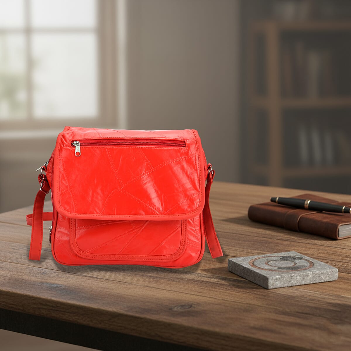 Red Patchwork Sheep Leather Crossbody Bag with Adjustable Shoulder Strap image number 1