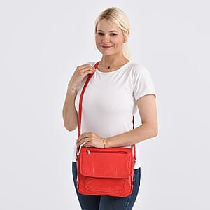 Red Patchwork Sheep Leather Crossbody Bag with Adjustable Shoulder Strap