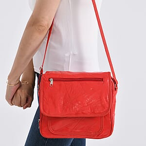 Red Patchwork Sheep Leather Crossbody Bag with Adjustable Shoulder Strap