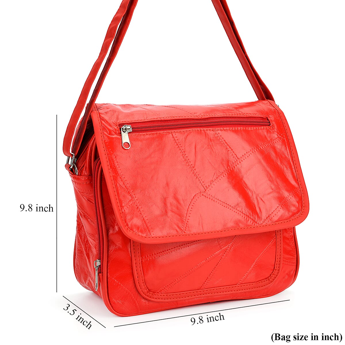 Red Patchwork Sheep Leather Crossbody Bag with Adjustable Shoulder Strap image number 7