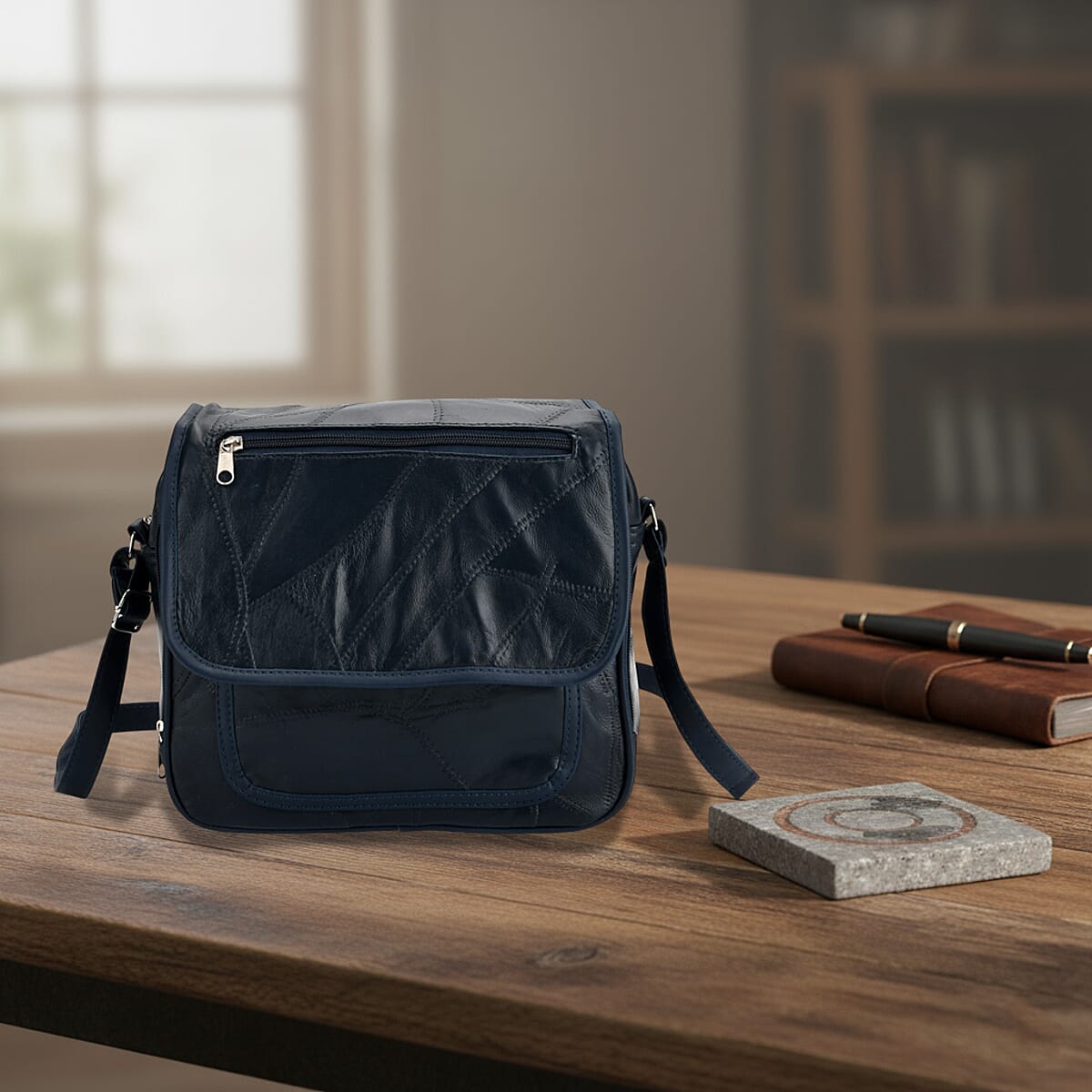 Navy Patchwork Sheep Leather Crossbody Bag with Adjustable Shoulder Strap image number 1