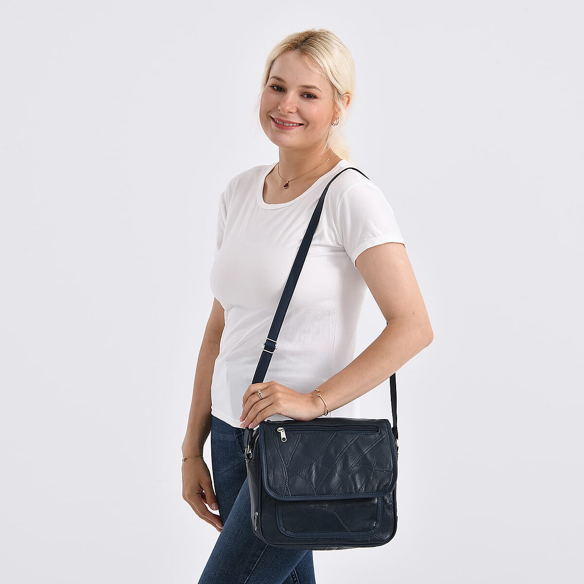 Navy Patchwork Sheep Leather Crossbody Bag with Adjustable Shoulder Strap image number 2