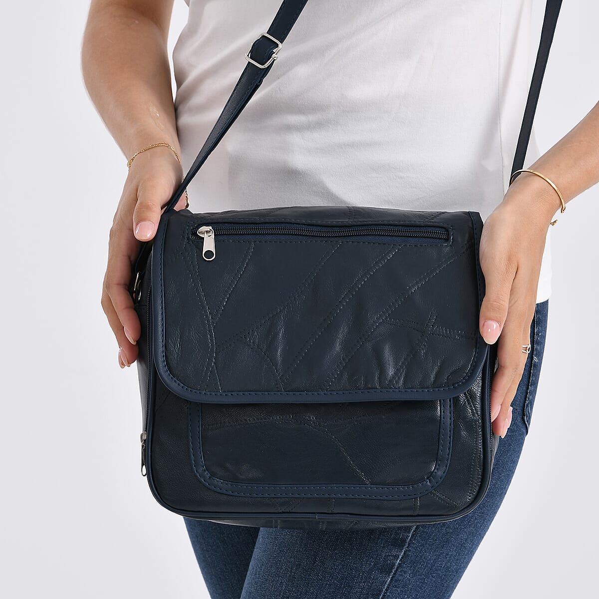 Navy Patchwork Sheep Leather Crossbody Bag with Adjustable Shoulder Strap image number 3