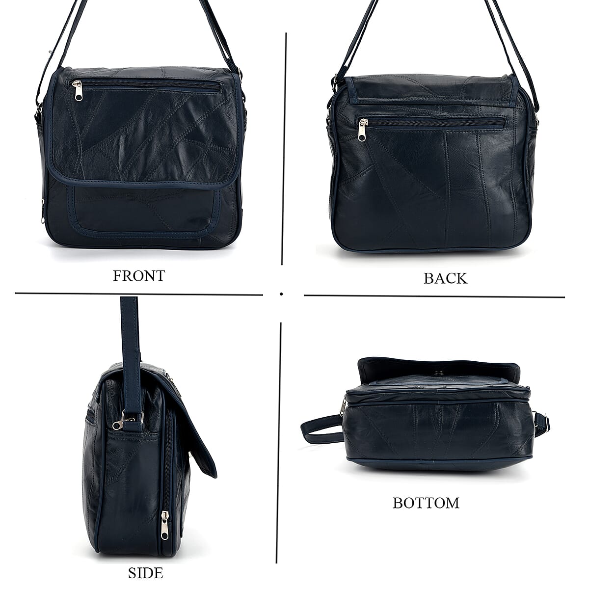 Navy Patchwork Sheep Leather Crossbody Bag with Adjustable Shoulder Strap image number 4