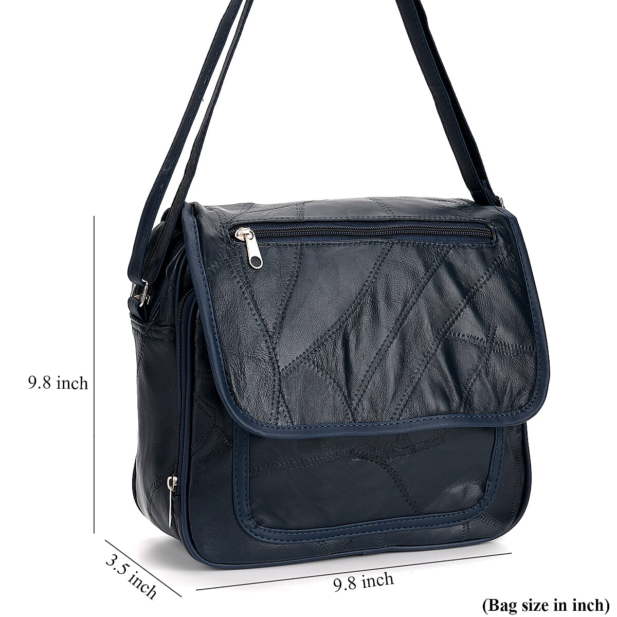 Navy Patchwork Sheep Leather Crossbody Bag with Adjustable Shoulder Strap image number 7