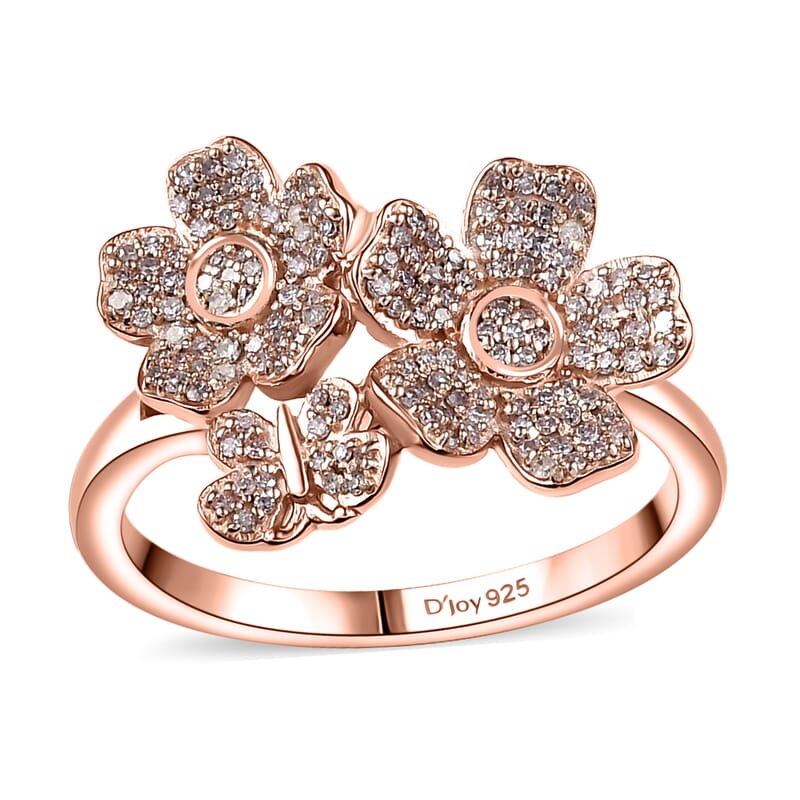 D'Joy Natural Pink Diamond I3 0.33 ctw Flowers and Butterfly Ring in 18K Vermeil Rose Gold Over Sterling Silver (Size 10.0)