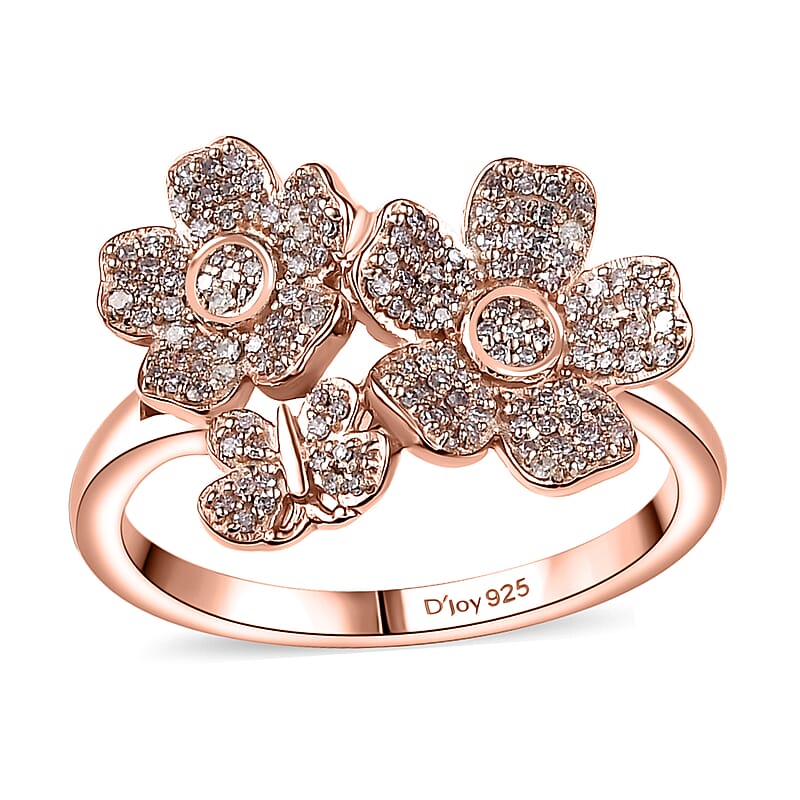 D'Joy Natural Pink Diamond I3 0.33 ctw Flowers and Butterfly Ring in 18K Vermeil Rose Gold Over Sterling Silver (Size 10.0)