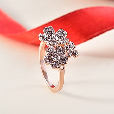 D'Joy Natural Pink Diamond I3 0.33 ctw Flowers and Butterfly Ring in 18K Vermeil Rose Gold Over Sterling Silver (Size 10.0)