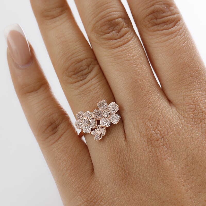D'Joy Natural Pink Diamond I3 0.33 ctw Flowers and Butterfly Ring in 18K Vermeil Rose Gold Over Sterling Silver (Size 10.0)