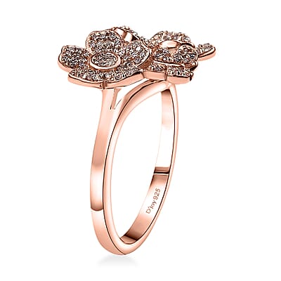 D'Joy Natural Pink Diamond I3 0.33 ctw Flowers and Butterfly Ring in 18K Vermeil Rose Gold Over Sterling Silver (Size 10.0)