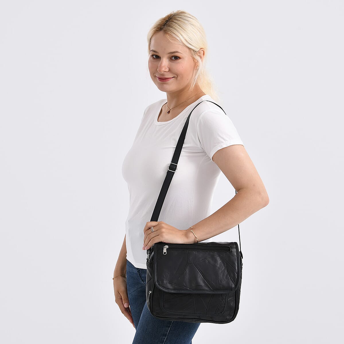 Brown Patchwork Sheep Leather Crossbody Bag with Adjustable Shoulder Strap image number 2