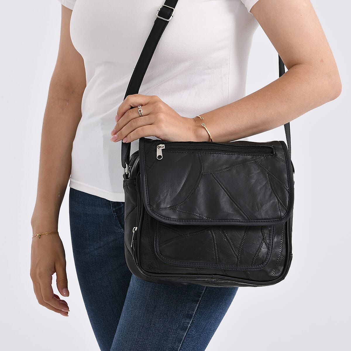 Brown Patchwork Sheep Leather Crossbody Bag with Adjustable Shoulder Strap image number 3