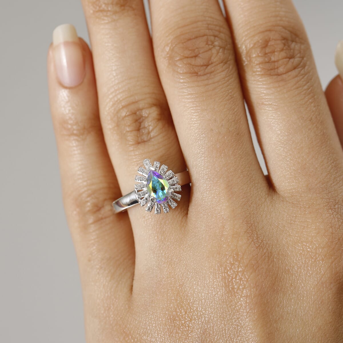 D'Joy Mercury Mystic Topaz and White Zircon 1.30 ctw Snowflake Ring in Rhodium Over Sterling Silver (Size 8.0) image number 2