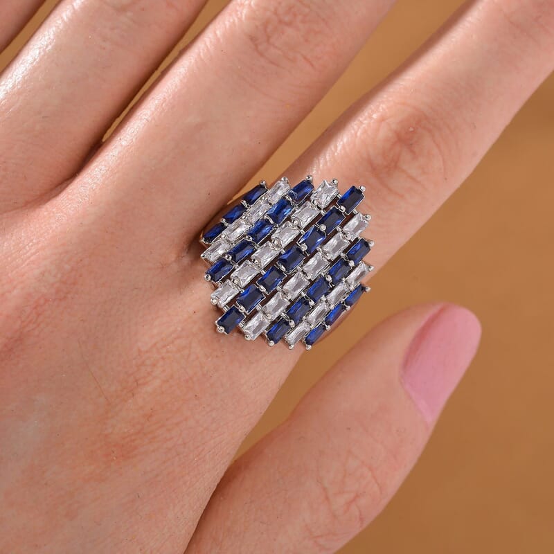 Simulated White and Blue Diamond 3.30 ctw Adjustable Ring in Silvertone