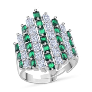 Simulated White and Green Diamond Adjustable Ring in Silvertone 3.30 ctw
