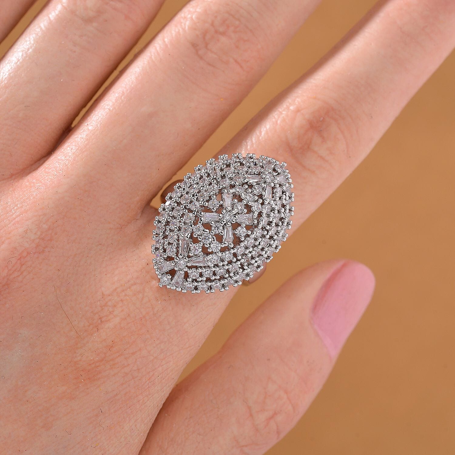 Simulated Diamond Adjustable Ring in Silvertone (Size 6.5-9)