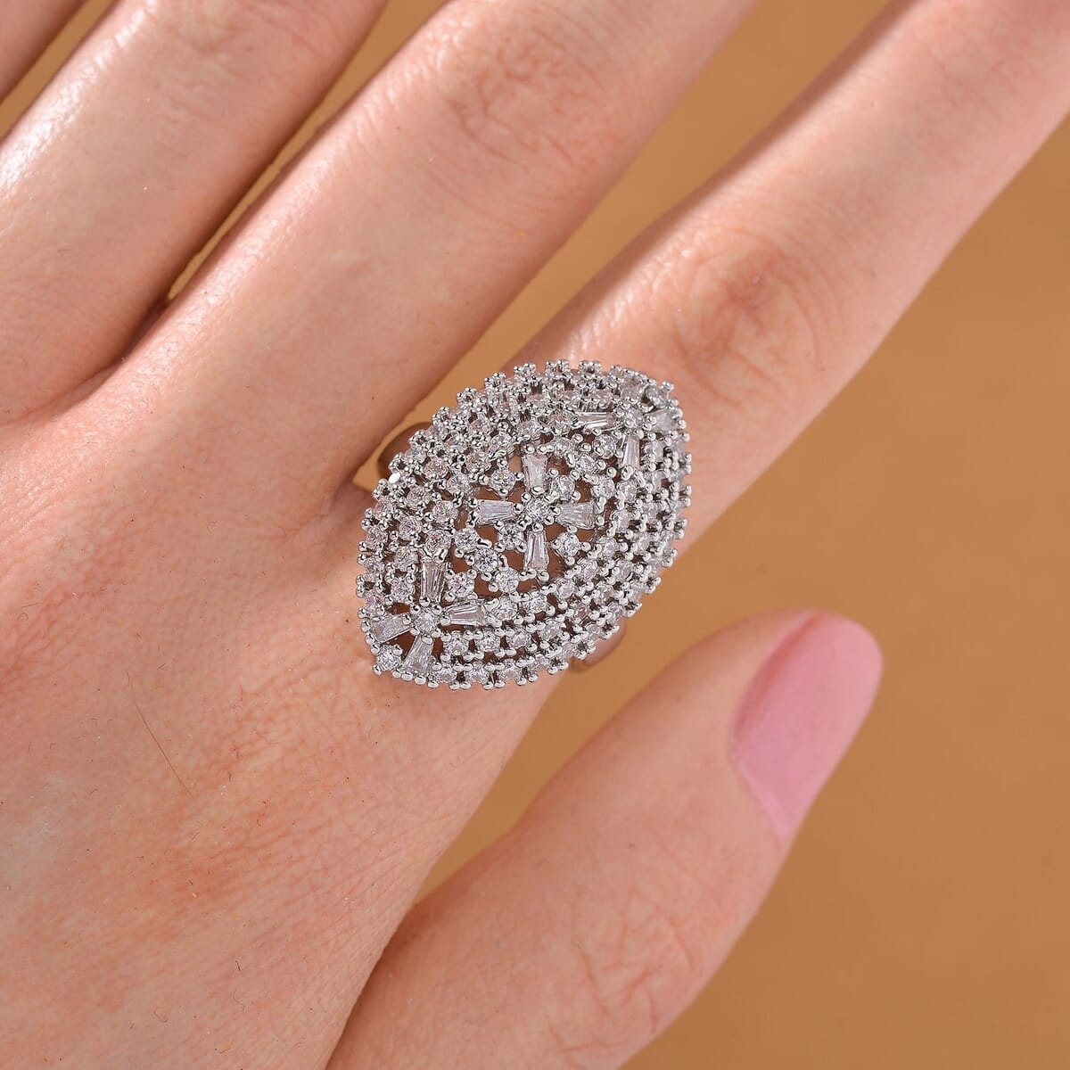 Simulated Diamond Adjustable Ring in Silvertone (Size 6.5-9) image number 1