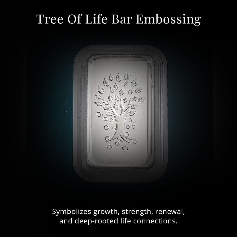 Kundan 999.9 Fine Silver One Troy Ounce Bullion Tree of Life Bar 31.10 Grams