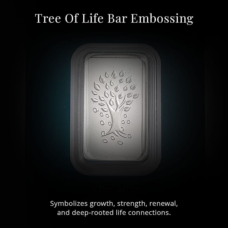 Kundan 999.9 Fine Silver One Troy Ounce Bullion Tree of Life Bar 31.10 Grams