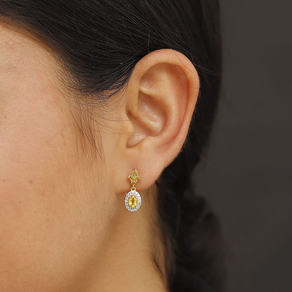 Premium Madagascar Yellow Sapphire and White Zircon 1.75 ctw Dangle Earrings in 18K Vermeil YG Over Sterling Silver image number 2