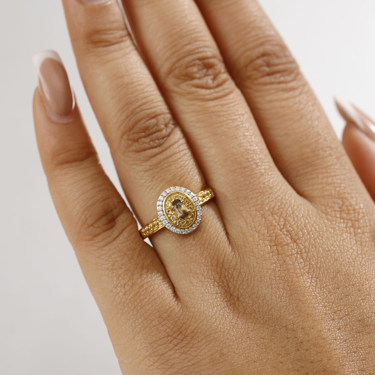 D'Joy Premium Golden Turkizite and Multi Gemstone 0.80 ctw Double Halo Ring in 18K Vermeil Yellow Gold Over Sterling Silver (Size 7.0) image number 2