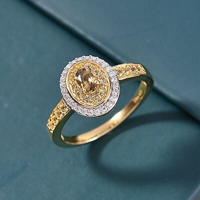 D'Joy Premium Golden Turkizite and Multi Gemstone 0.80 ctw Double Halo Ring in 18K Vermeil Yellow Gold Over Sterling Silver (Size 9.0)