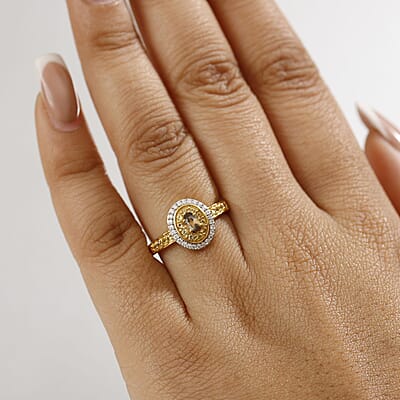 D'Joy Premium Golden Turkizite and Multi Gemstone 0.80 ctw Double Halo Ring in 18K Vermeil Yellow Gold Over Sterling Silver (Size 9.0)