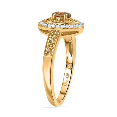 D'Joy Premium Golden Turkizite and Multi Gemstone 0.80 ctw Double Halo Ring in 18K Vermeil Yellow Gold Over Sterling Silver (Size 9.0)