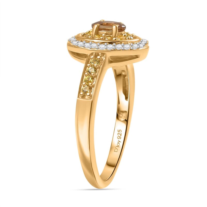 D'Joy Premium Golden Turkizite and Multi Gemstone 0.80 ctw Double Halo Ring in 18K Vermeil Yellow Gold Over Sterling Silver (Size 9.0)