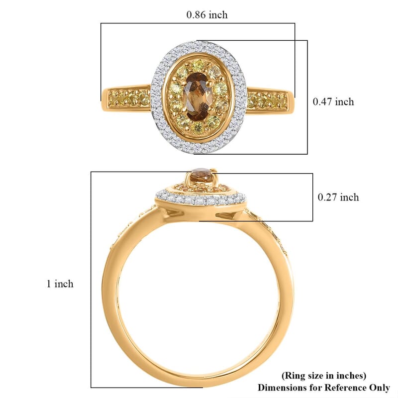 D'Joy Premium Golden Turkizite and Multi Gemstone 0.80 ctw Double Halo Ring in 18K Vermeil Yellow Gold Over Sterling Silver (Size 9.0)