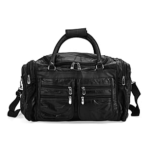 Black Patchwork Sheep Genuine Leather Travel Bag with Detachable Shoulder Strap