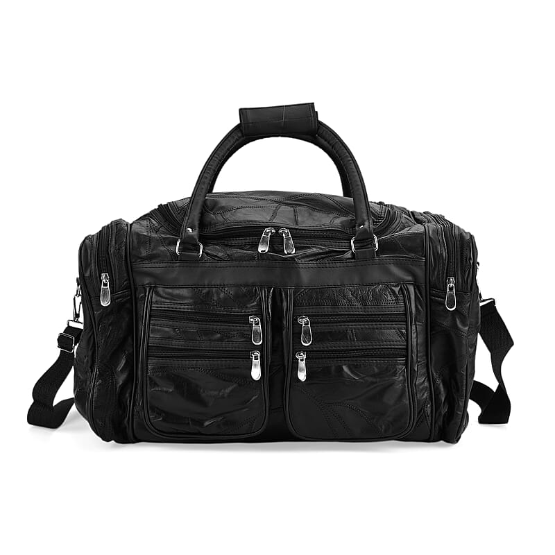 Black Patchwork Sheep Genuine Leather Travel Bag with Detachable Shoulder Strap