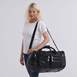 Black Patchwork Sheep Genuine Leather Travel Bag with Detachable Shoulder Strap